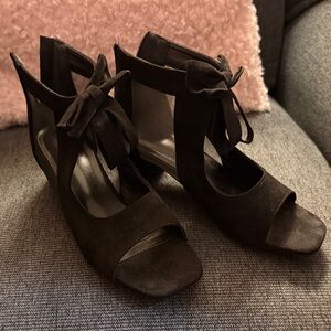 Black Suede Open-Toe Tie Ankle Heels